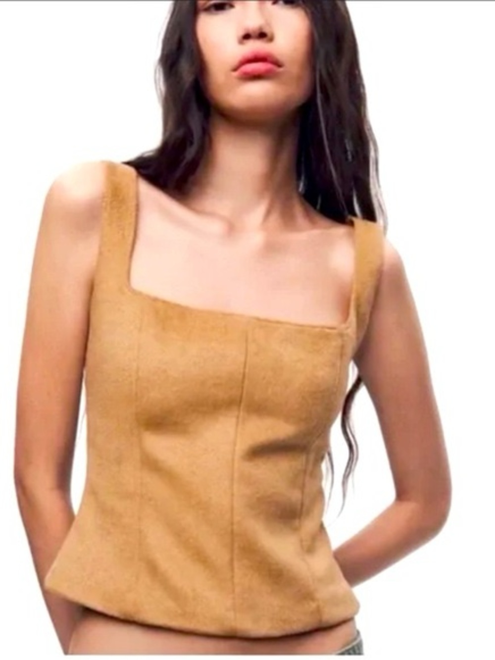 Women’s Zara Square Neck Camel Suede-Look Corset Tank Top